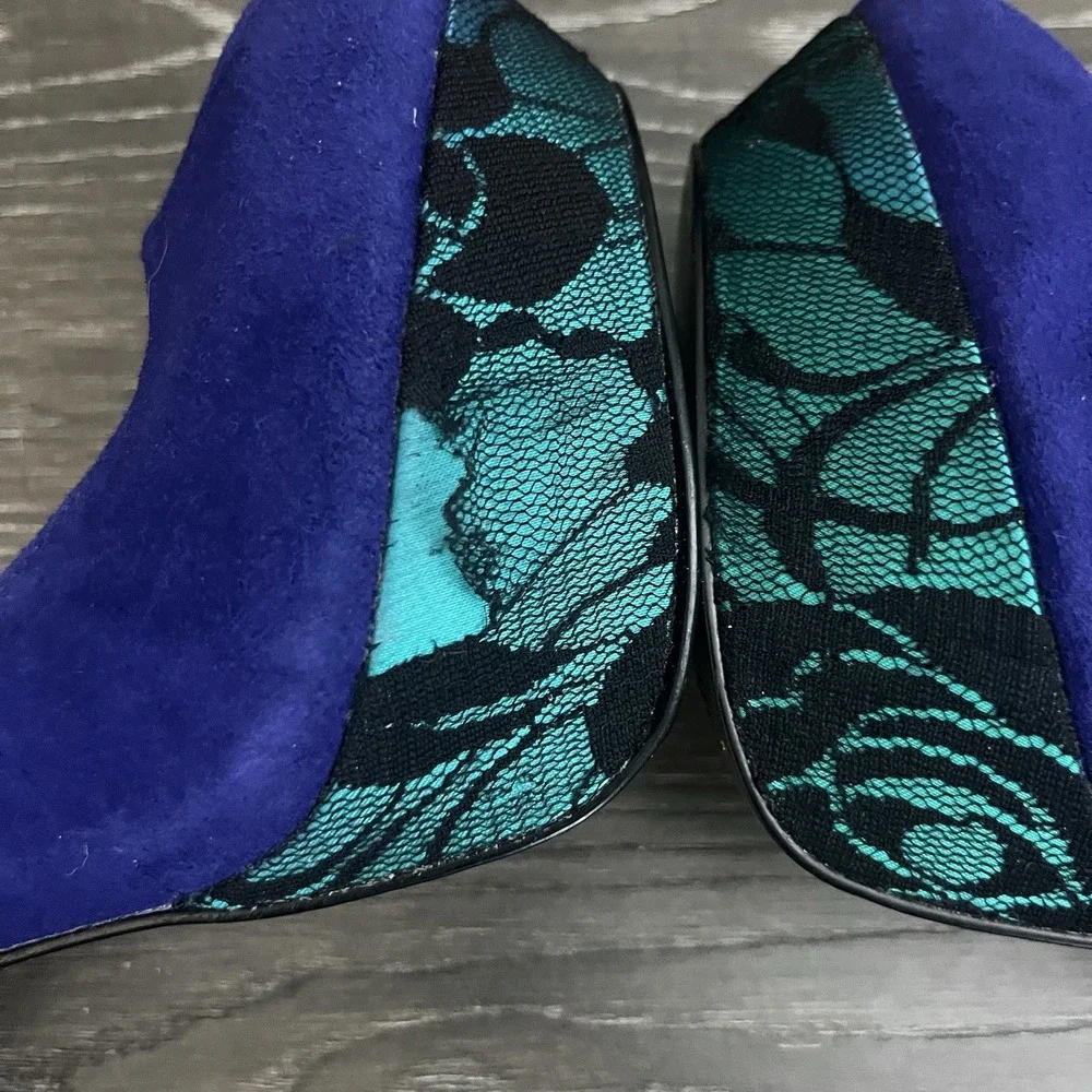 Betsey Johnson Platform Heels Pumps Blue Dareah Suede Lace Leopard ‎ Size 8 Glam